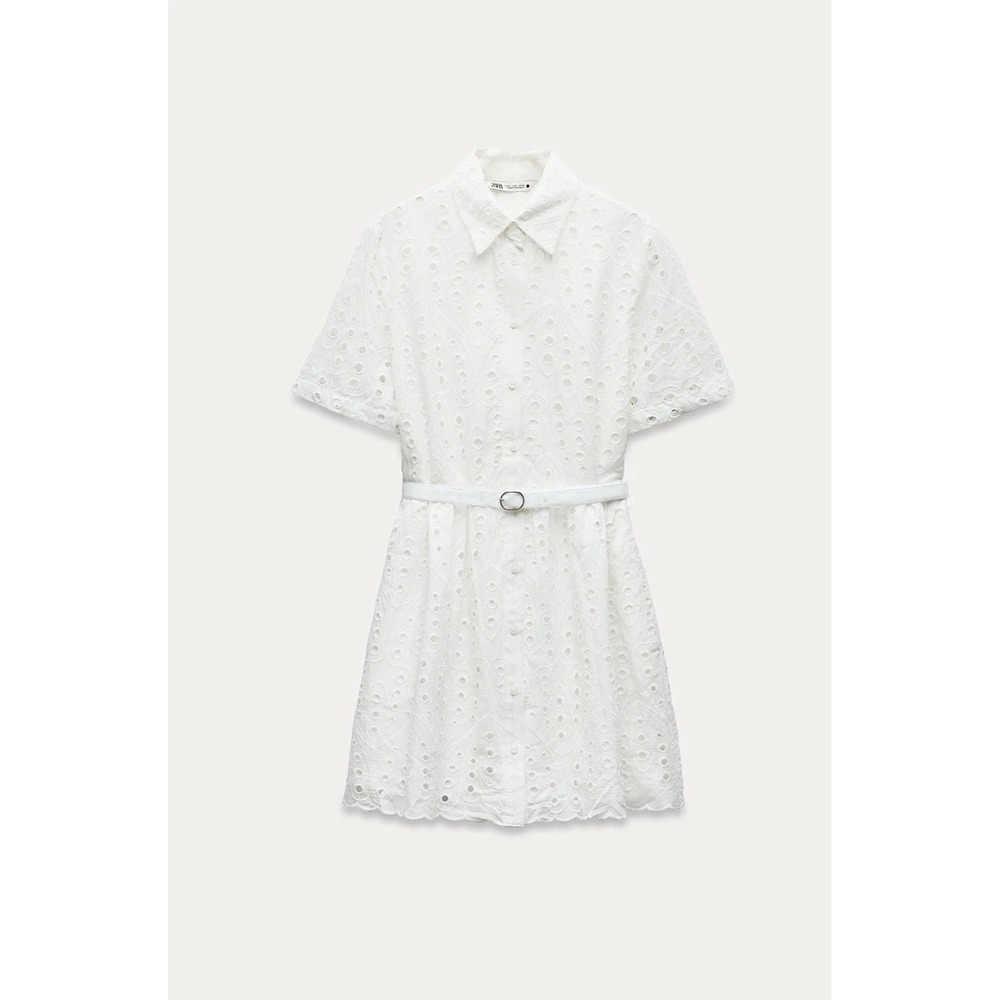 Zara Eyelet Shirt Dress medium White New Belted Scalloped Mini Embroidery - Picture 3 of 16